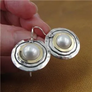 Hadar Designers Pearl Zircon Earrings 9k Yellow Gold 925 Sterling Silver(ms)