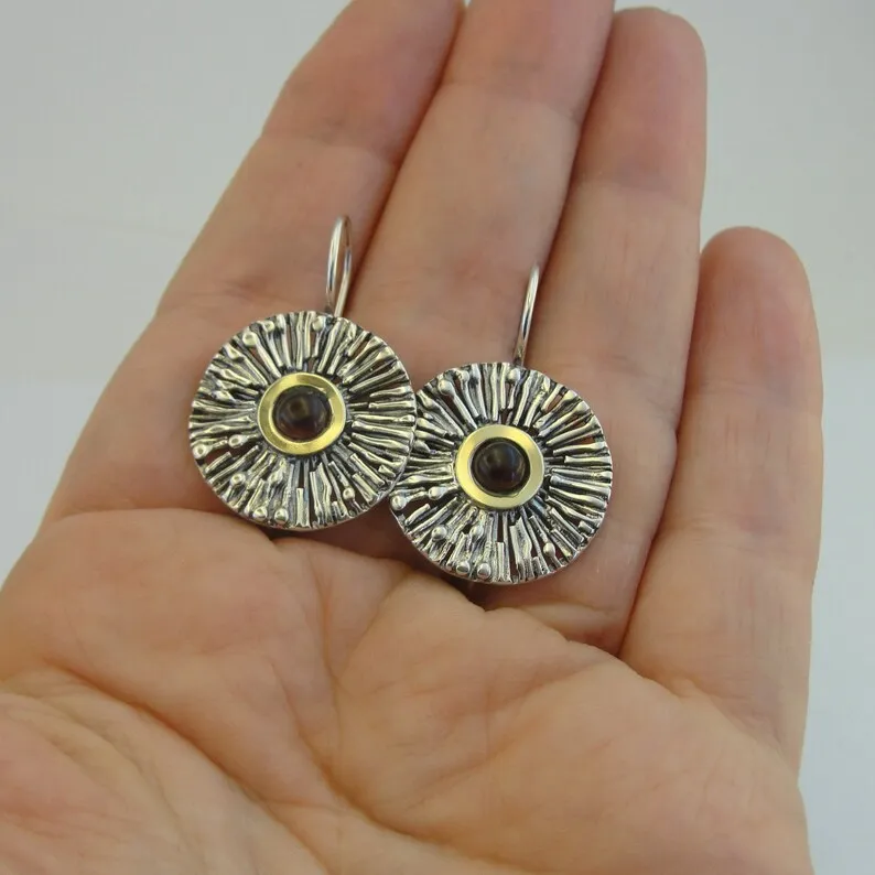 Hadar Designers Red Garnet Earrings 9k Yellow Gold Sterling Silver (ms 1637)y