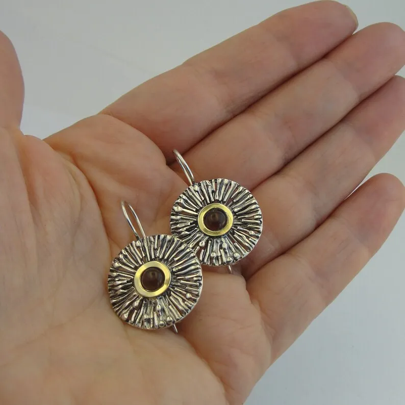 Hadar Designers Red Garnet Earrings 9k Yellow Gold Sterling Silver (ms 1637)y