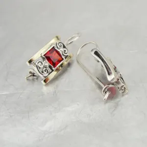 Hadar Designers Red Zircon Earrings Yellow Gold Sterling Silver Handmade (S 2613