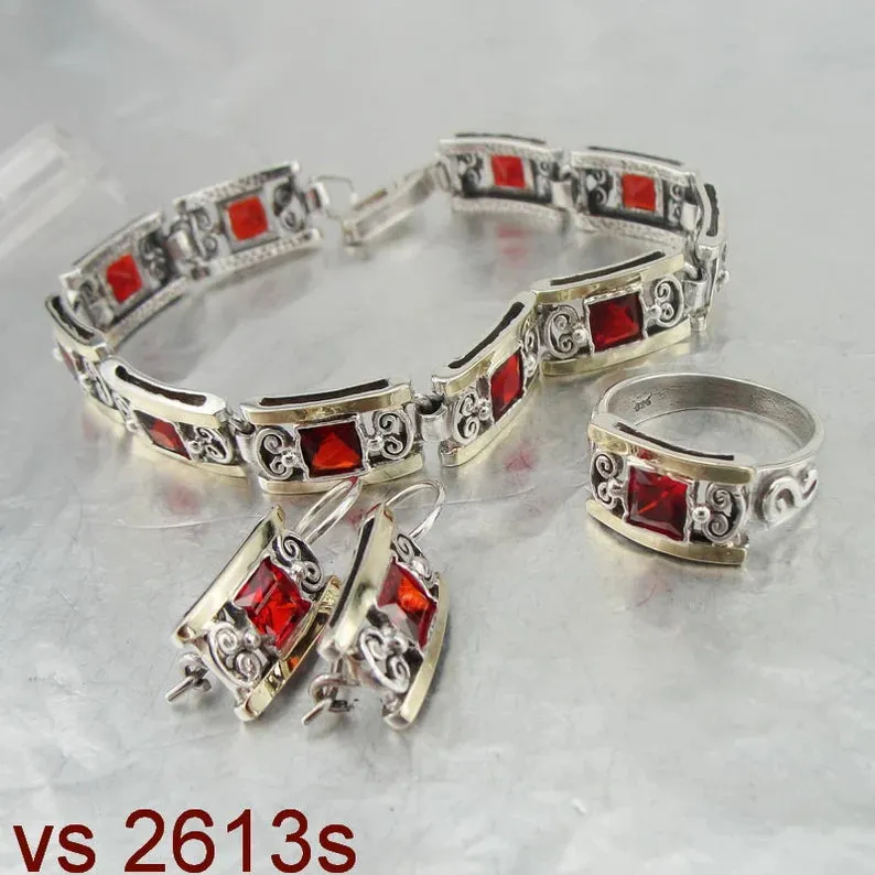 Hadar Designers Red Zircon Earrings Yellow Gold Sterling Silver Handmade (S 2613