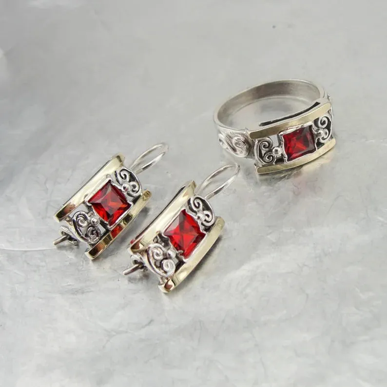 Hadar Designers Red Zircon Earrings Yellow Gold Sterling Silver Handmade (S 2613