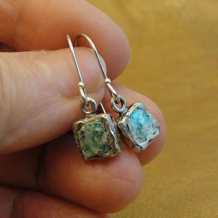 Hadar Designers Roman glass square earrings 925 sterling silver handmade (as)y