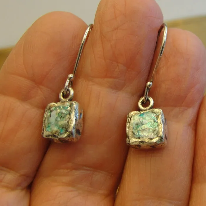 Hadar Designers Roman glass square earrings 925 sterling silver handmade (as)y