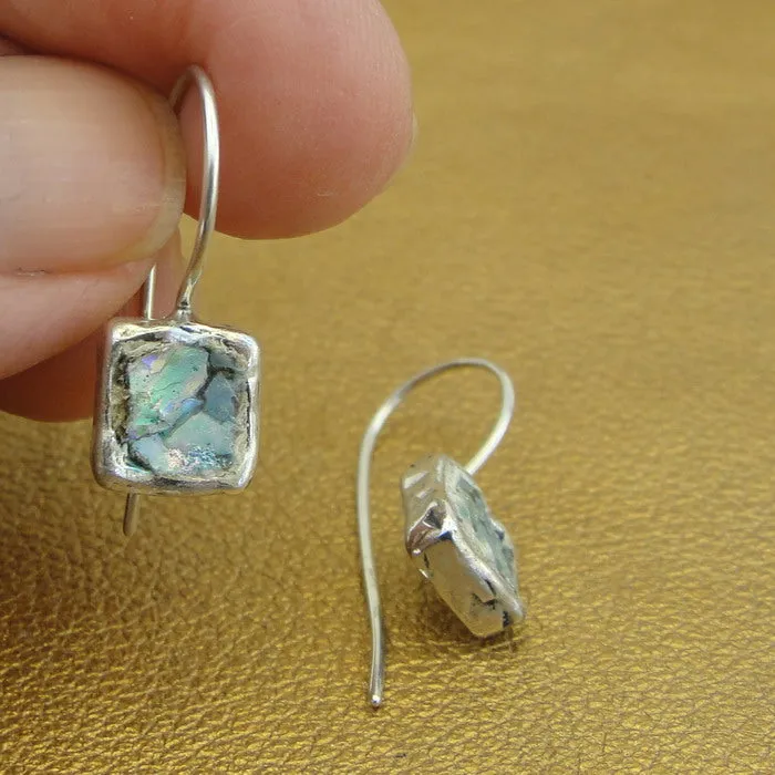 Hadar Designers Roman glass square earrings 925 sterling silver handmade (as)y