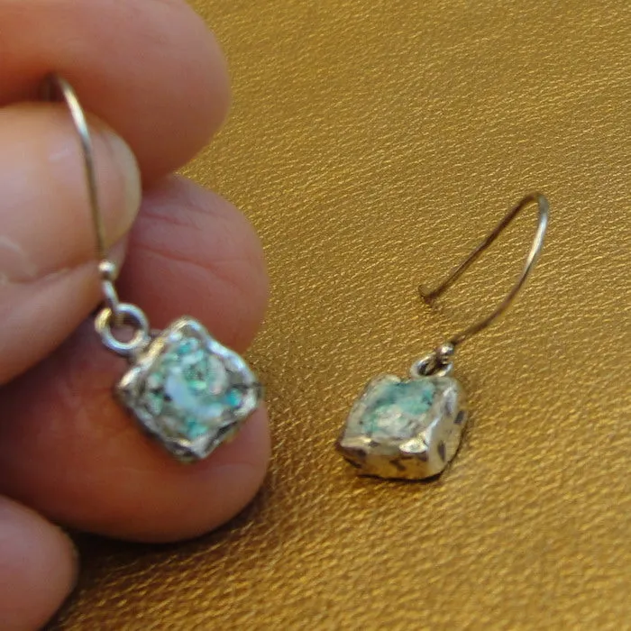 Hadar Designers Roman glass square earrings 925 sterling silver handmade (as)y