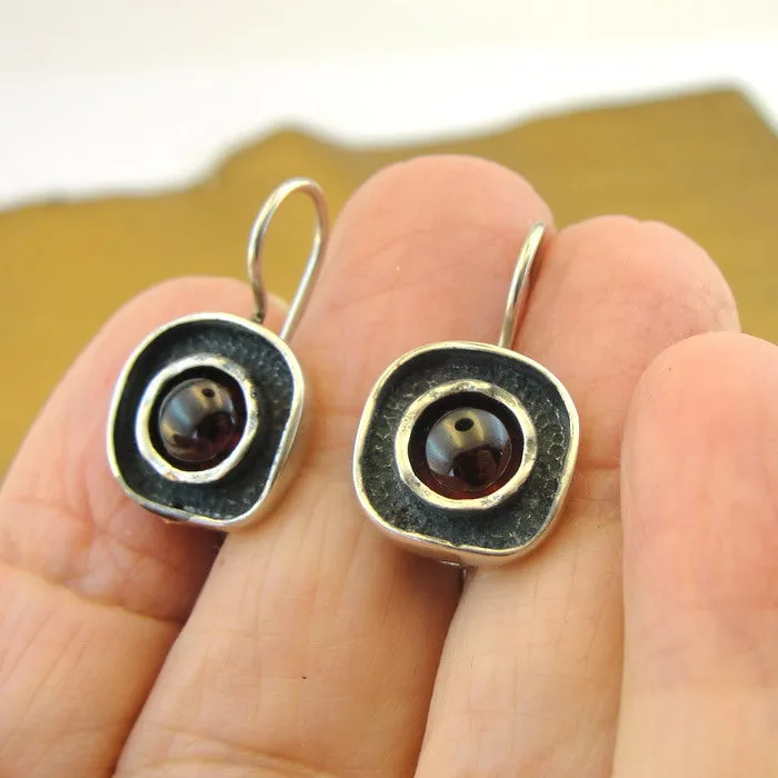 Hadar Designers Sterling 925 Silver Red Garnet Earrings Art Handmade (SN) SALE