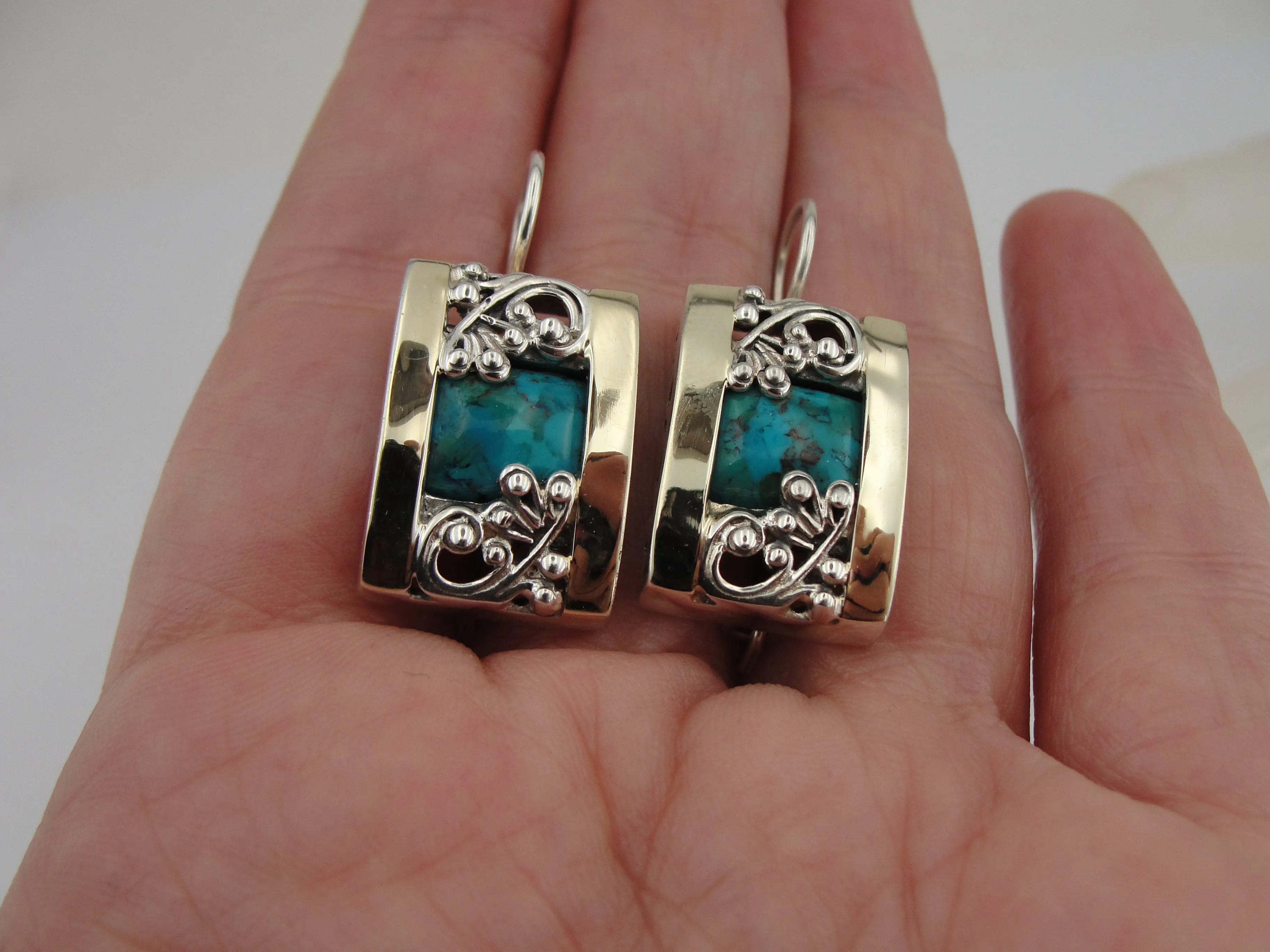 Hadar Designers Turquoise Earrings 9k Yellow Gold 925 Silver Handmade (S 1658)