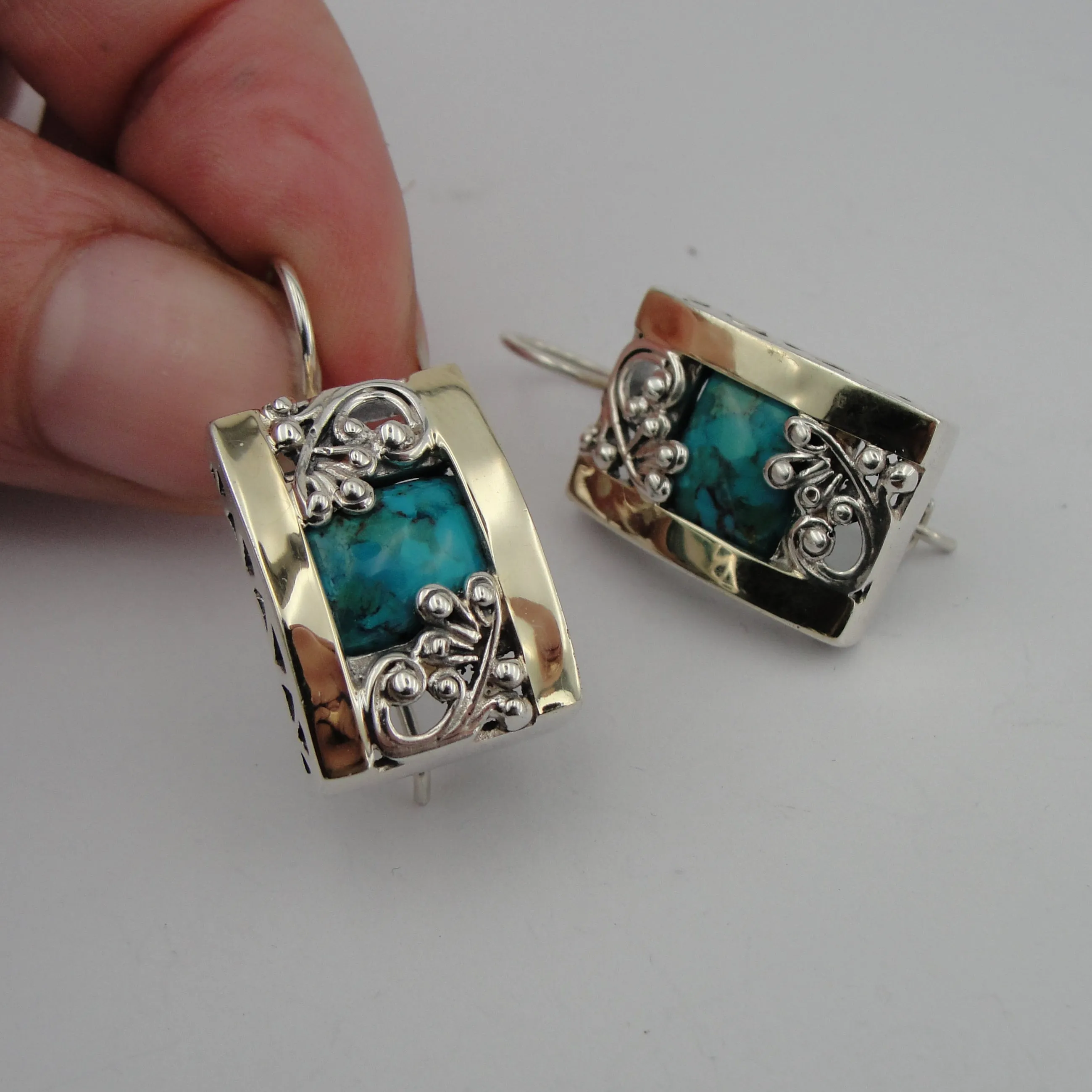 Hadar Designers Turquoise Earrings 9k Yellow Gold 925 Silver Handmade (S 1658)