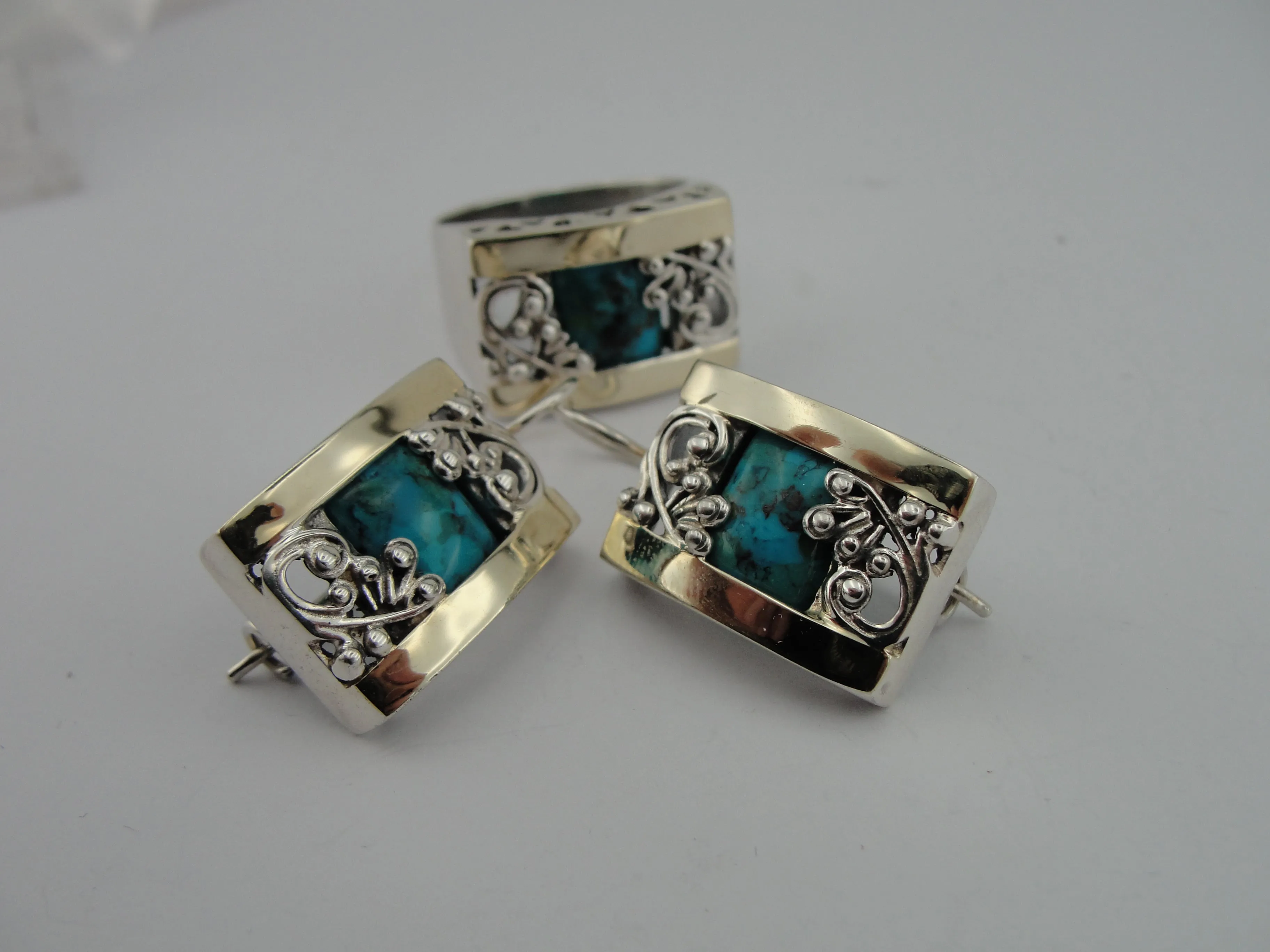 Hadar Designers Turquoise Earrings 9k Yellow Gold 925 Silver Handmade (S 1658)