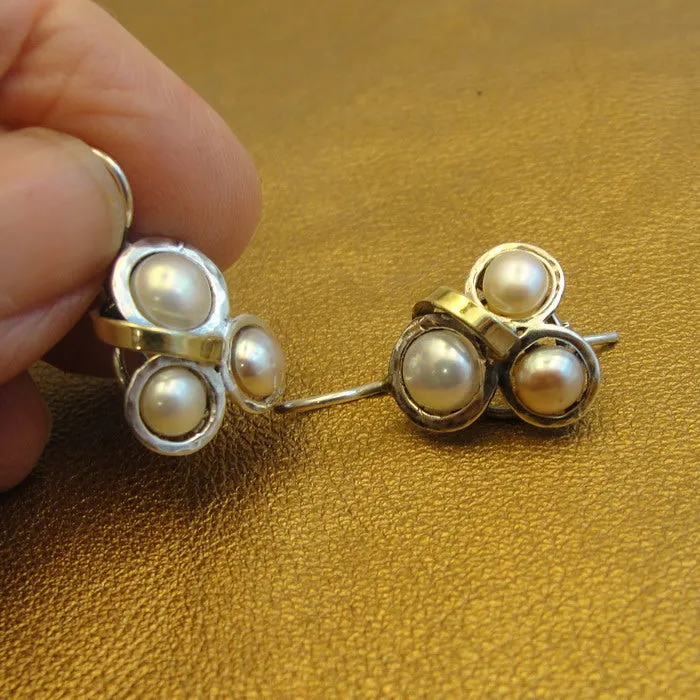 Hadar Designers White Pearl Earrings 9k Yellow Gold Sterling Silver (ms 350) y