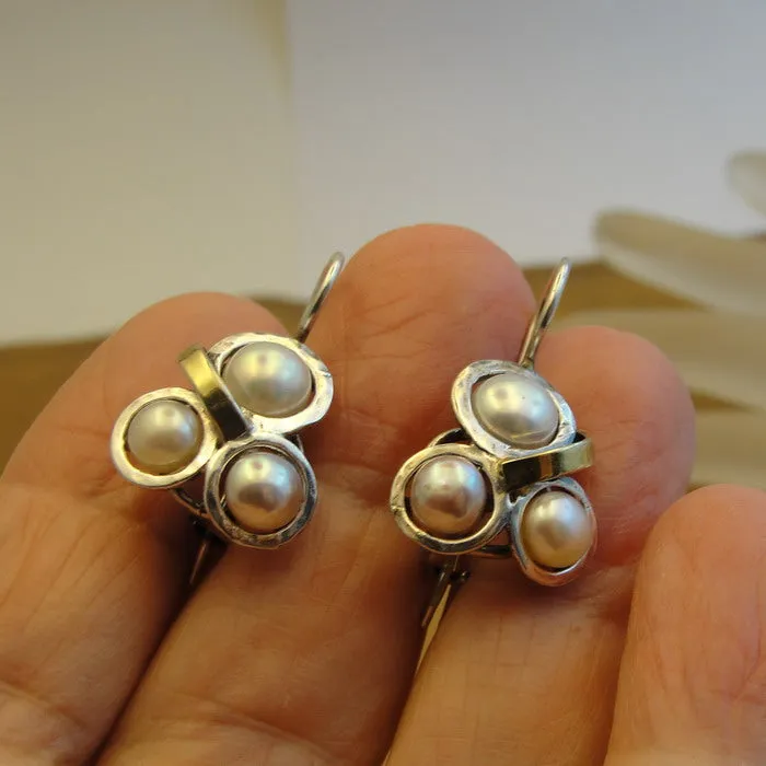 Hadar Designers White Pearl Earrings 9k Yellow Gold Sterling Silver (ms 350) y