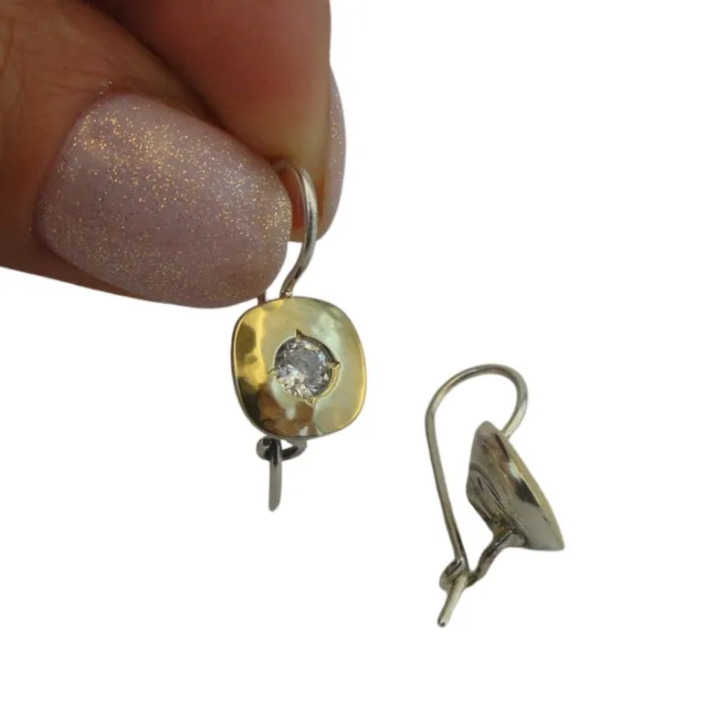 Hadar Designers White Zircon 9k Yellow Gold Sterling Silver Earrings Handmade(MS