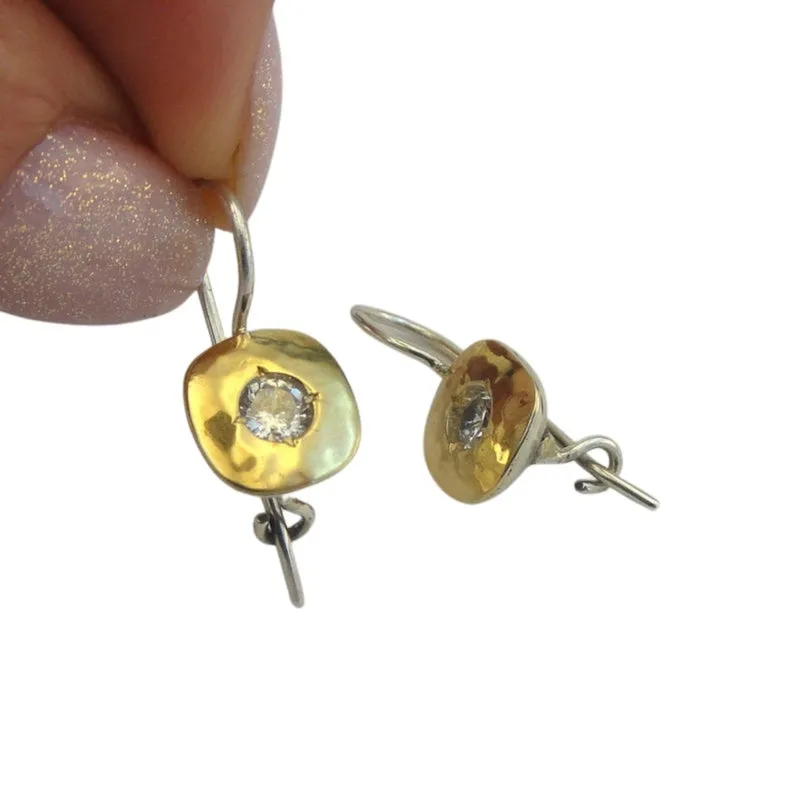 Hadar Designers White Zircon 9k Yellow Gold Sterling Silver Earrings Handmade(MS