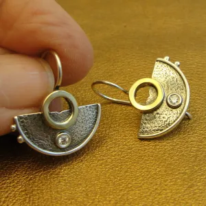 Hadar Designers White Zircon Earrings 9k Yellow Gold Sterling Silver Handmade(MS