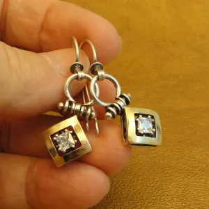 Hadar Designers White Zircon Earrings 9k Yellow Gold Sterling Silver Handmade(MS