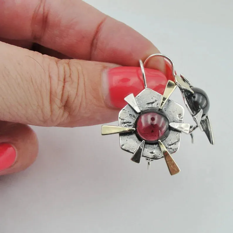 Hadar Designers Wild Red Garnet Earrings 9k Yellow Gold Sterling Silver (ms)y p