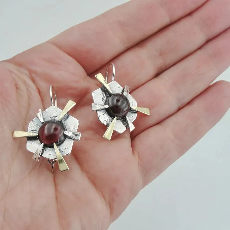 Hadar Designers Wild Red Garnet Earrings 9k Yellow Gold Sterling Silver (ms)y p