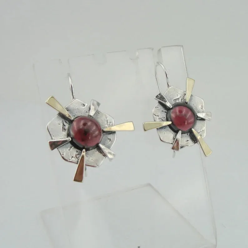 Hadar Designers Wild Red Garnet Earrings 9k Yellow Gold Sterling Silver (ms)y p