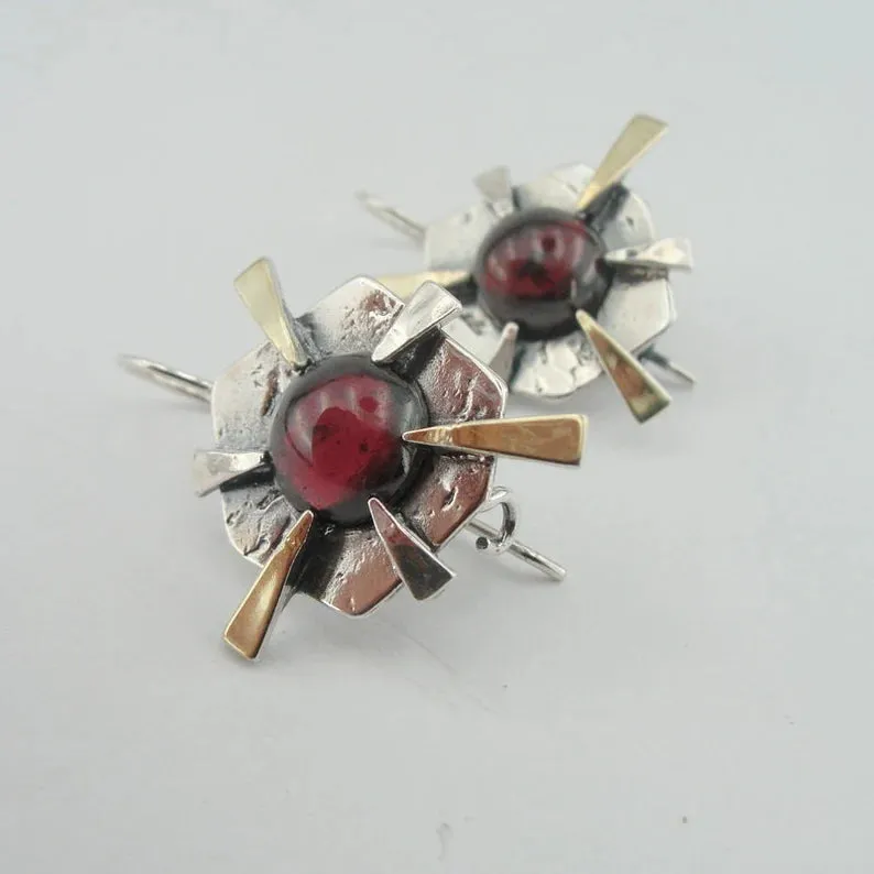 Hadar Designers Wild Red Garnet Earrings 9k Yellow Gold Sterling Silver (ms)y p