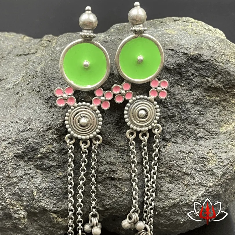 Handcrafted Green Enamel Silver Earrings – Boho Chic Elegance