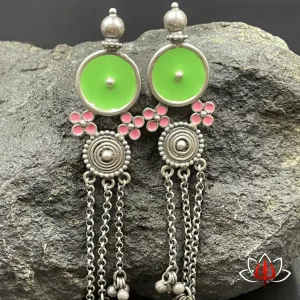 Handcrafted Green Enamel Silver Earrings – Boho Chic Elegance