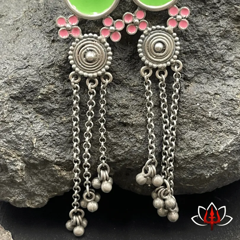 Handcrafted Green Enamel Silver Earrings – Boho Chic Elegance