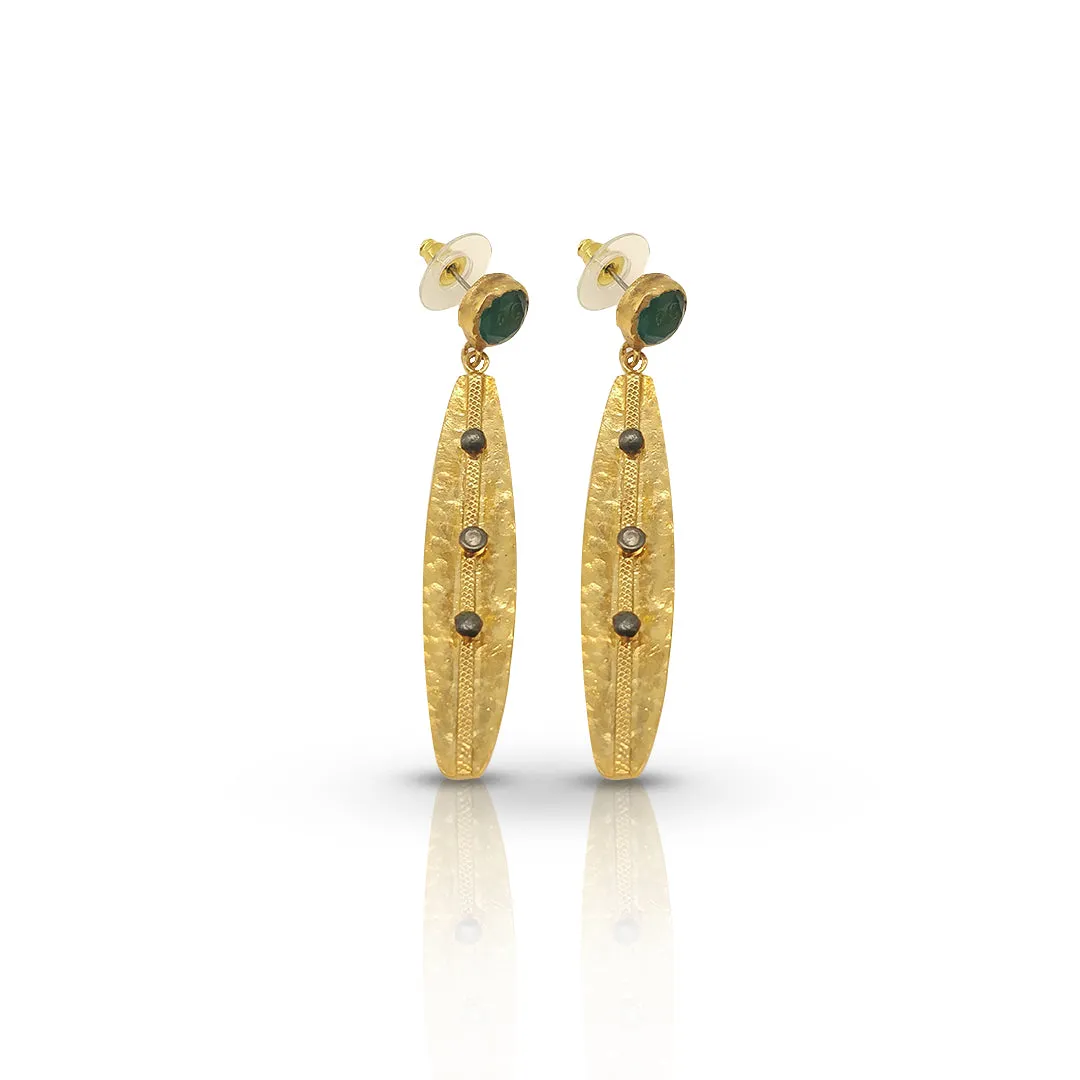 Handmade Gold-Plated Olive Leaf Earrings | CZ Stone | Artisan Crafted Jewelry | Unique Drop Earrings