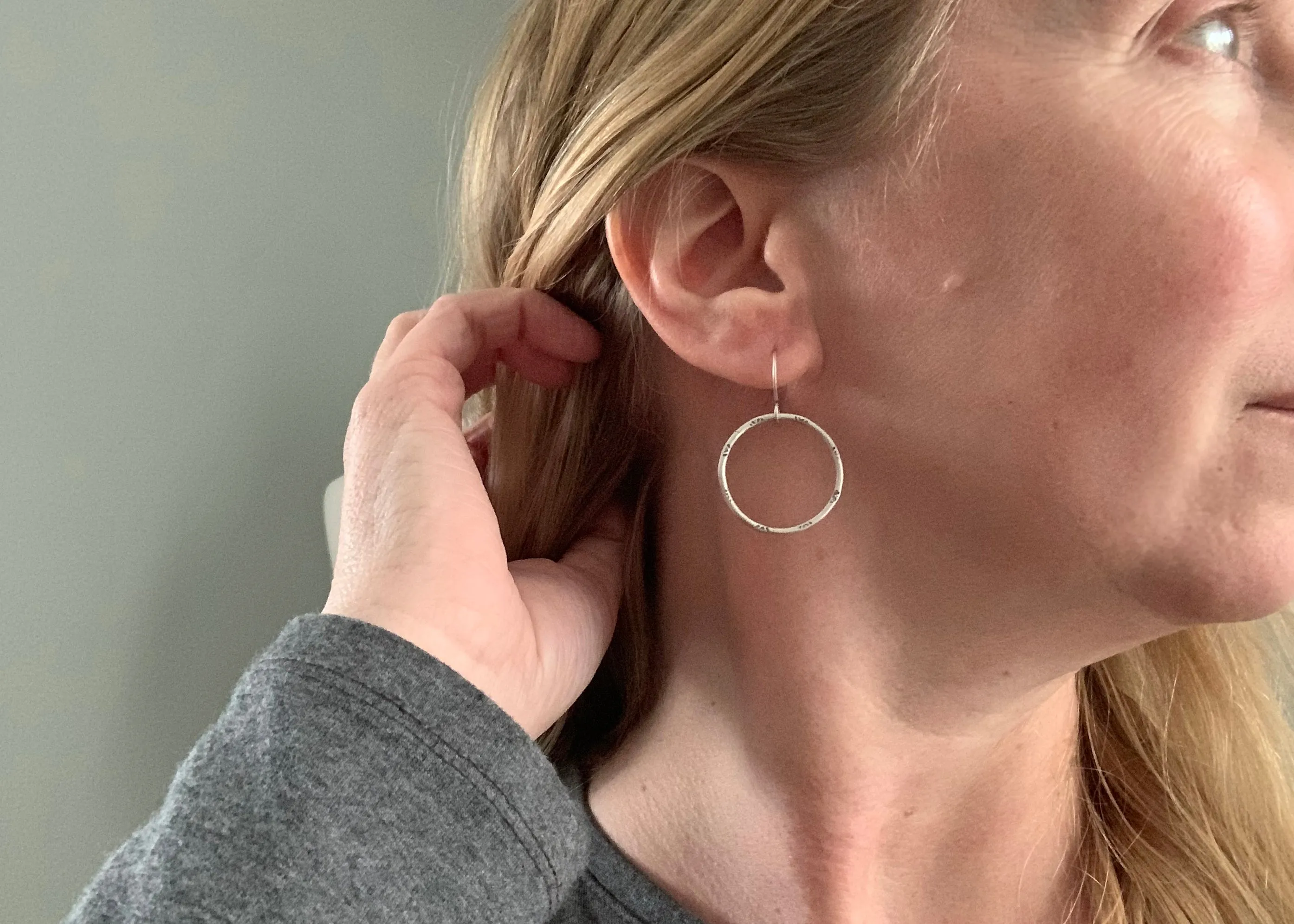 Handmade Stamped Sterling Silver Hoop Dangle Earrings