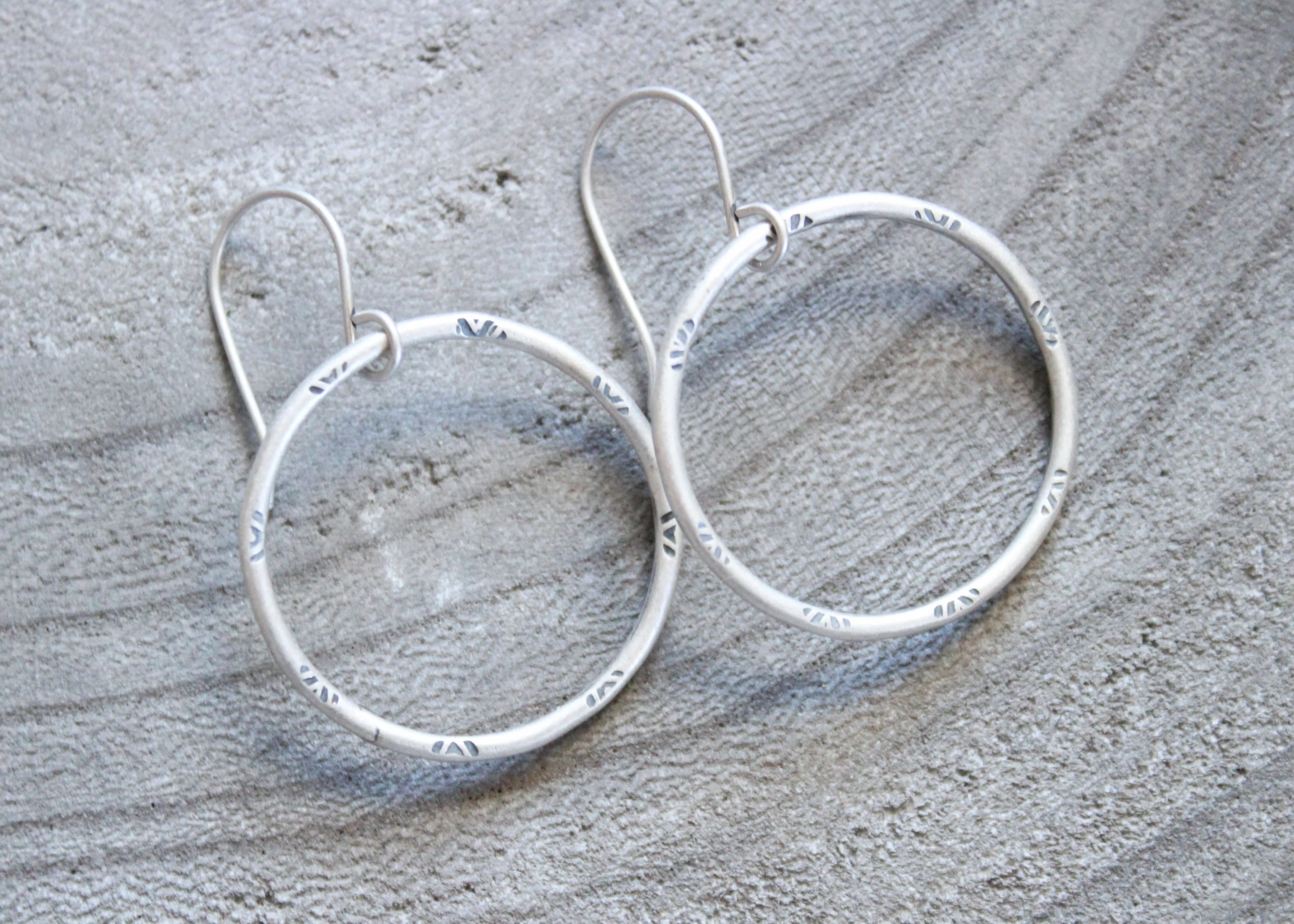 Handmade Stamped Sterling Silver Hoop Dangle Earrings