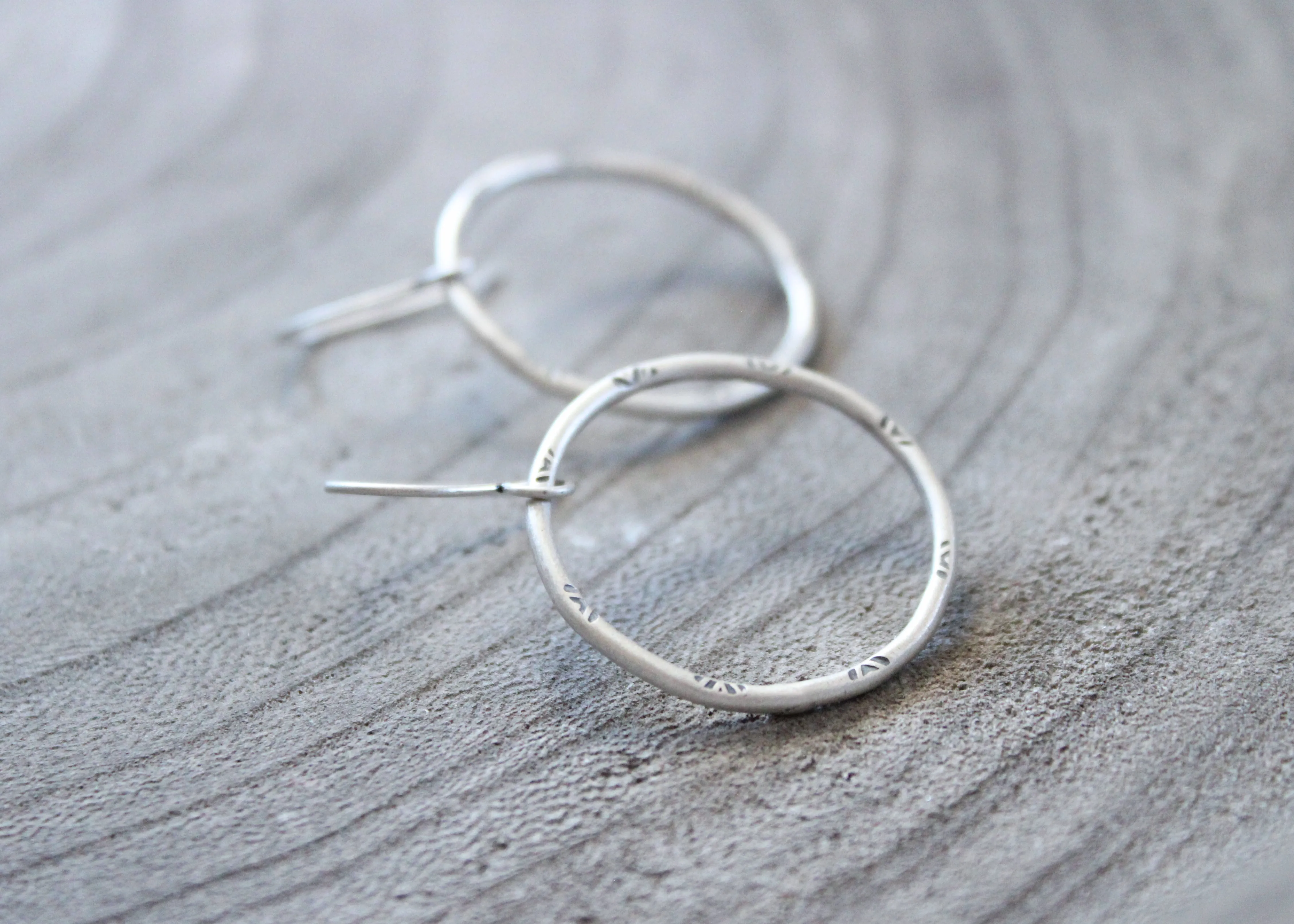 Handmade Stamped Sterling Silver Hoop Dangle Earrings