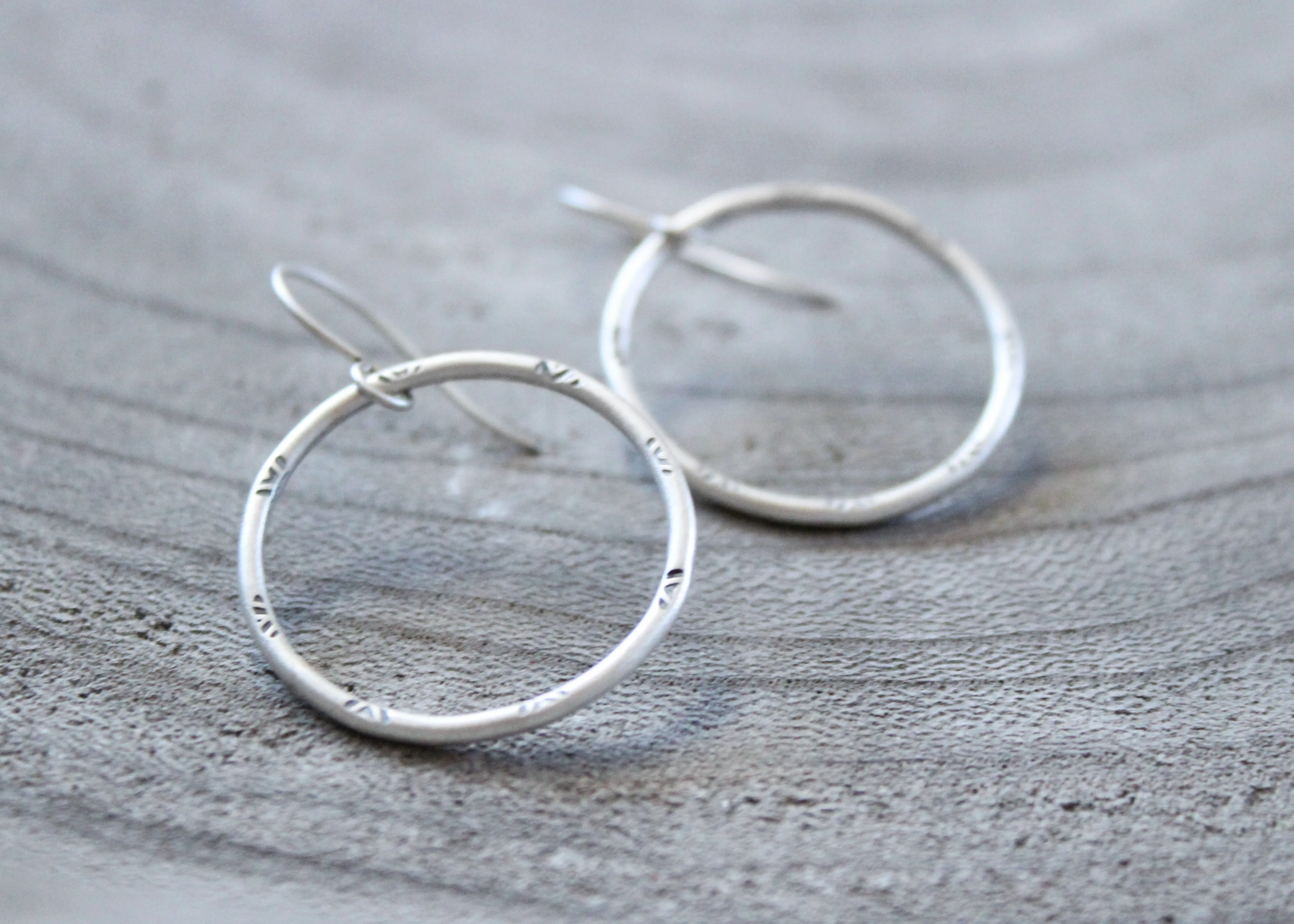 Handmade Stamped Sterling Silver Hoop Dangle Earrings