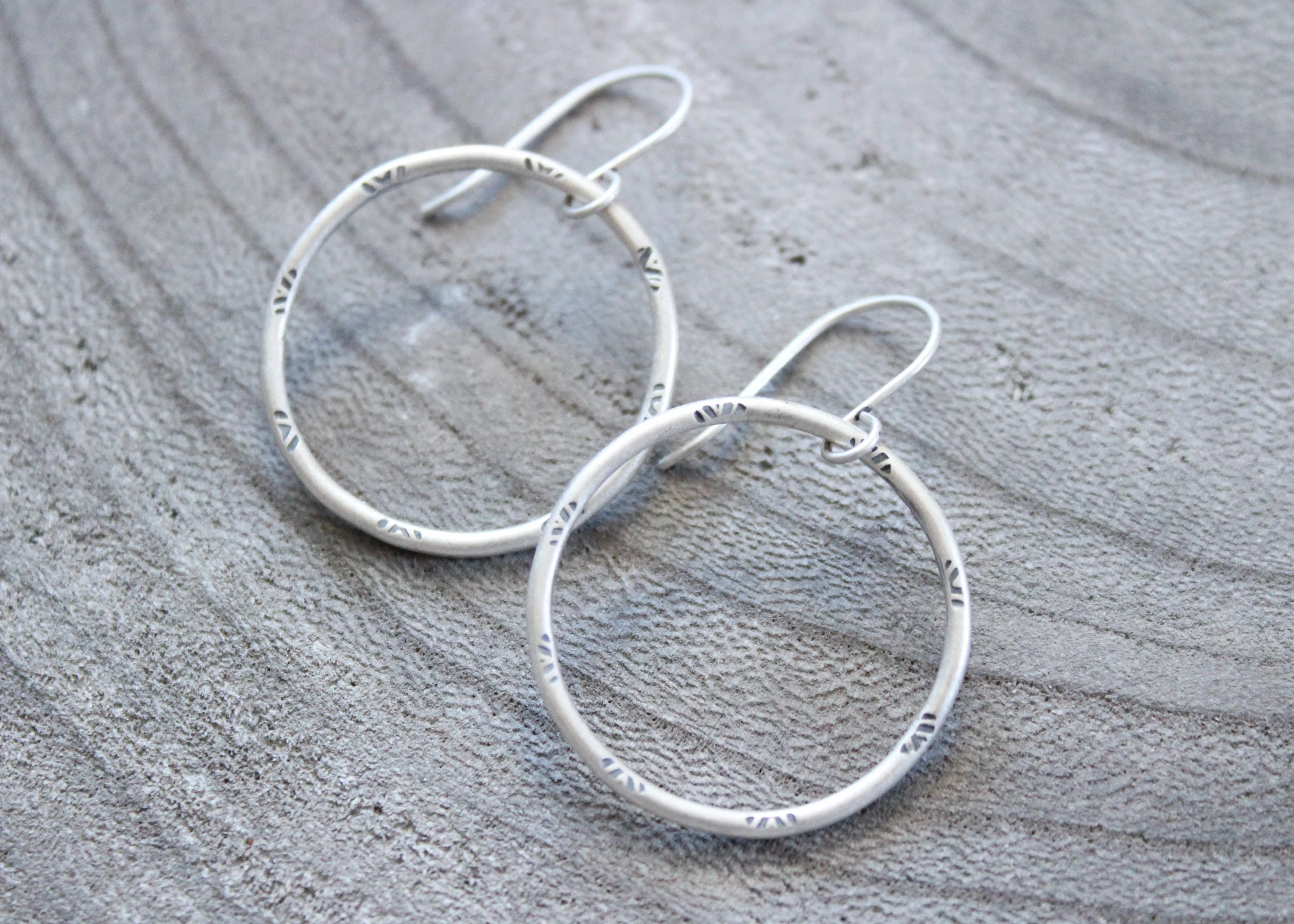 Handmade Stamped Sterling Silver Hoop Dangle Earrings