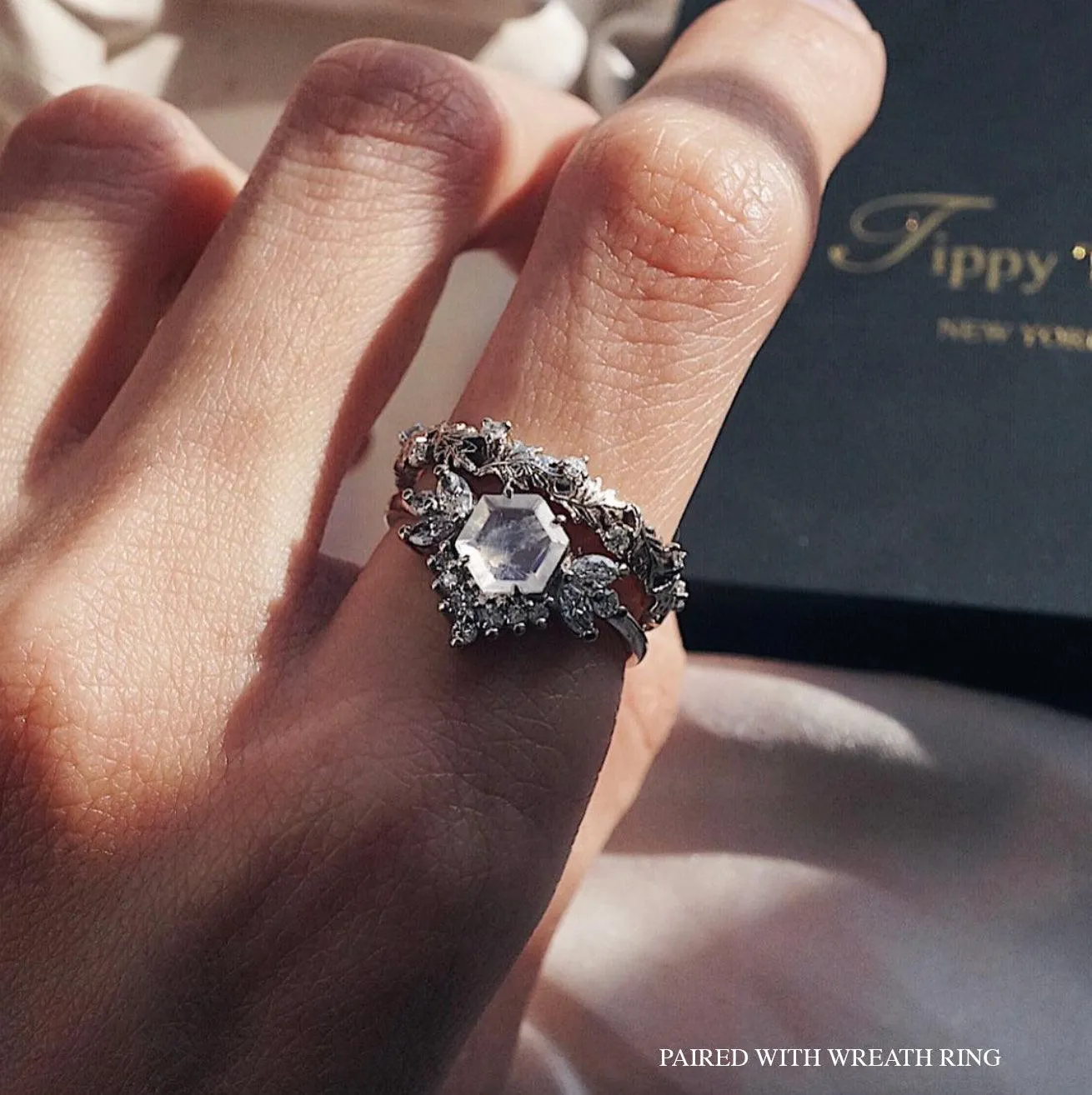 Hexagon Moonstone Butterfly Diamond Ring in 14K and 18K Gold