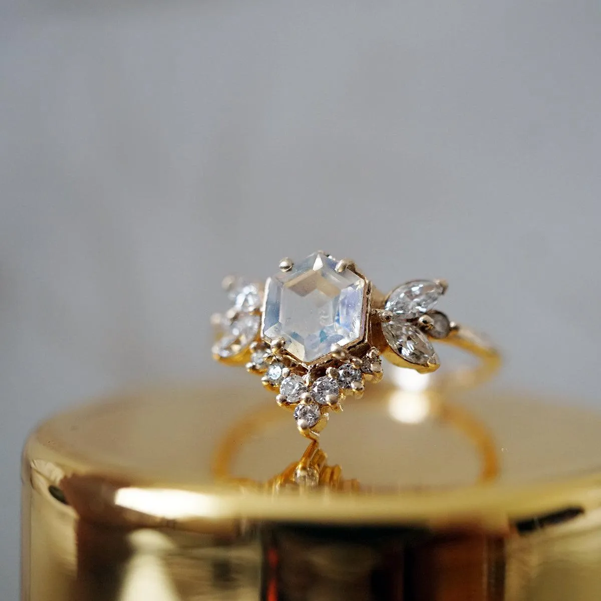 Hexagon Moonstone Butterfly Diamond Ring in 14K and 18K Gold