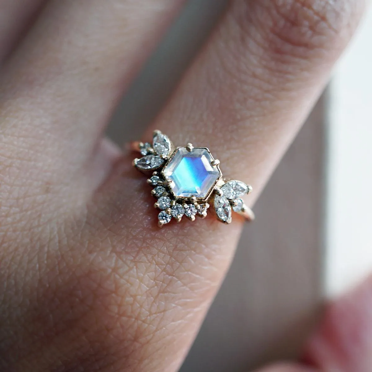 Hexagon Moonstone Butterfly Diamond Ring in 14K and 18K Gold