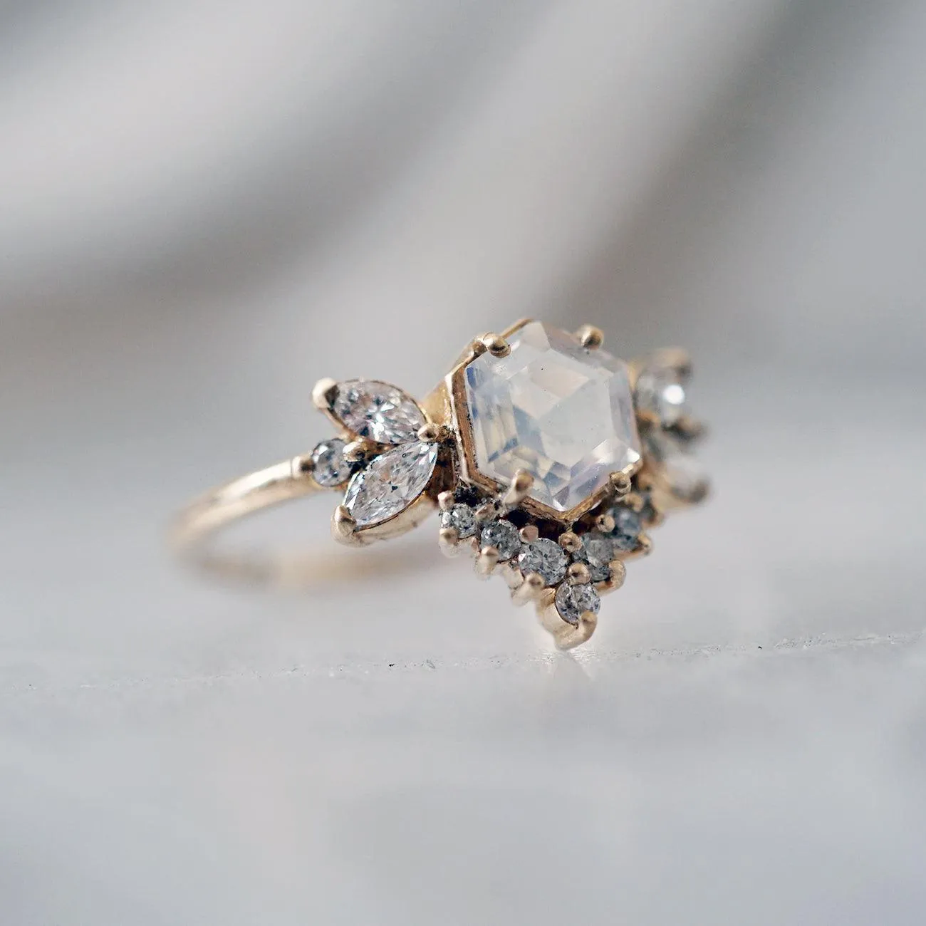 Hexagon Moonstone Butterfly Diamond Ring in 14K and 18K Gold