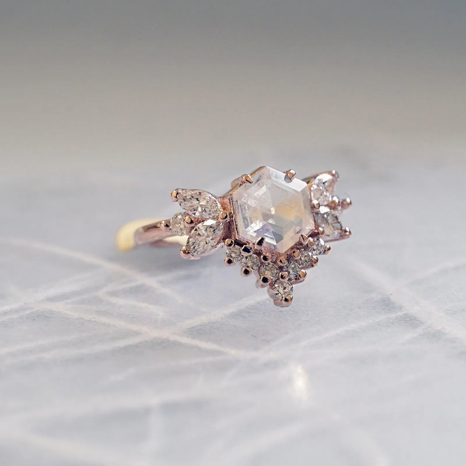 Hexagon Moonstone Butterfly Diamond Ring in 14K and 18K Gold