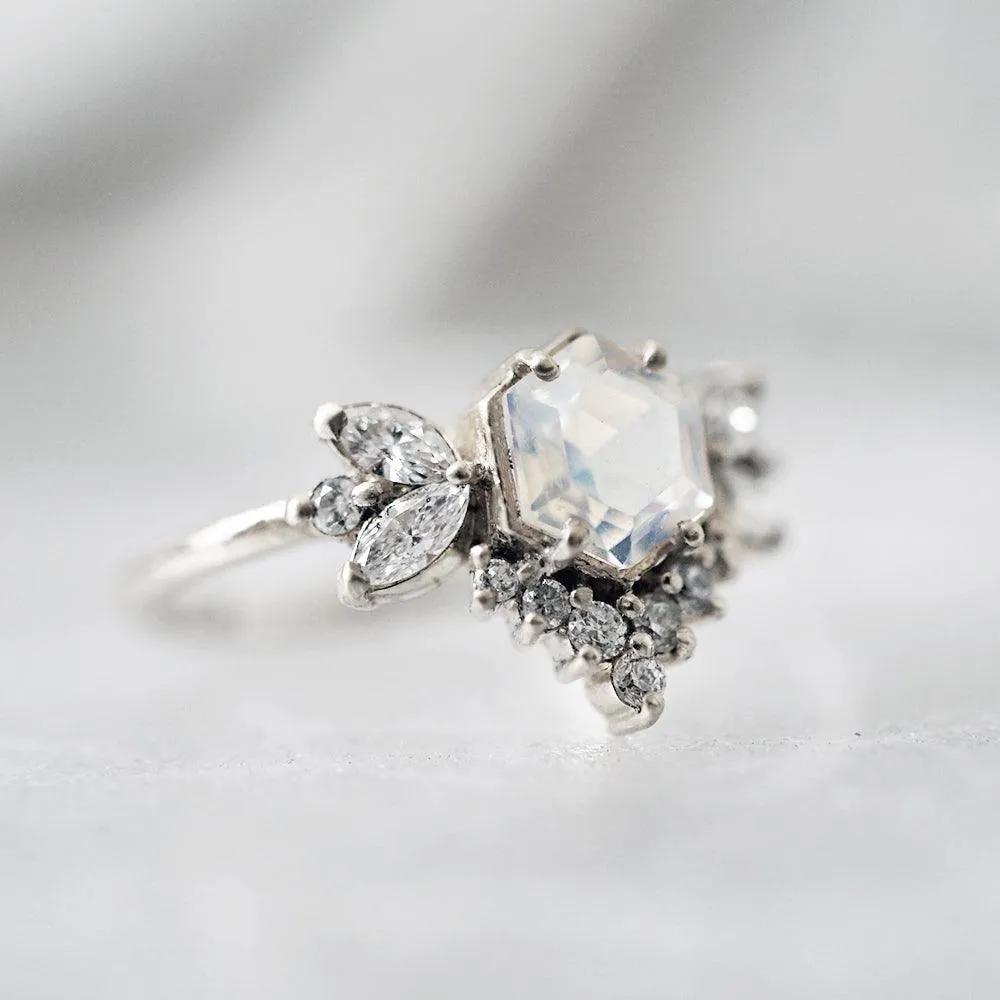 Hexagon Moonstone Butterfly Diamond Ring in 14K and 18K Gold