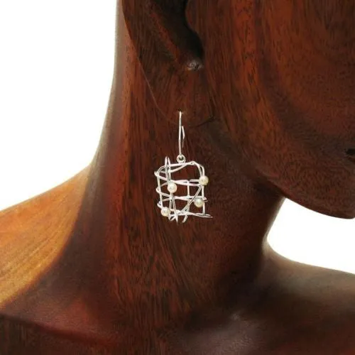 Incredible Sterling Silver Wire Cage & Freshwater Pearl Modern Art Hanging Earrings.
