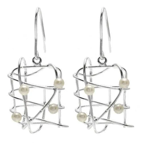 Incredible Sterling Silver Wire Cage & Freshwater Pearl Modern Art Hanging Earrings.