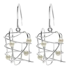 Incredible Sterling Silver Wire Cage & Freshwater Pearl Modern Art Hanging Earrings.