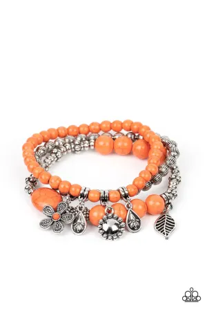 Individual Inflorescence - Orange - Stone Bead Flower Leaf Charm Paparazzi Stretchy Bracelet