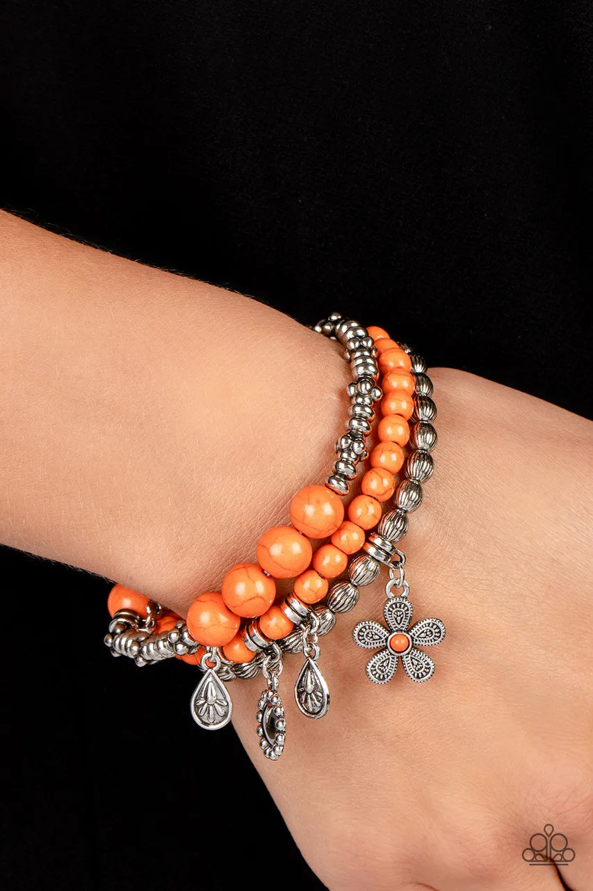 Individual Inflorescence - Orange - Stone Bead Flower Leaf Charm Paparazzi Stretchy Bracelet