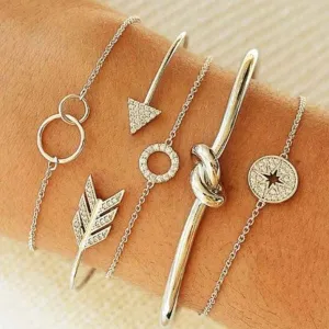 Ivana Stacked Bracelet Set - Silver Plated, 5-Piece, Cuffs and Bracelets