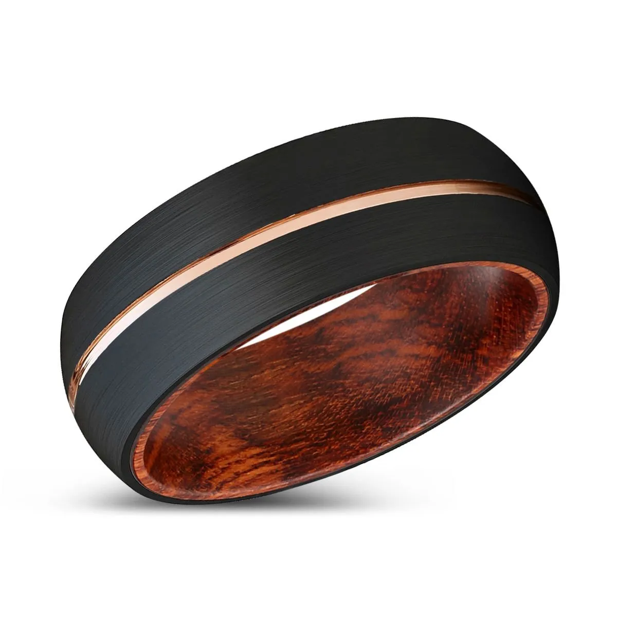 JABBA | Snake Wood, Black Tungsten Ring, Rose Gold Groove, Domed