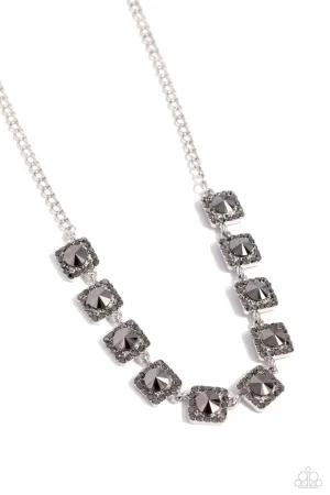 Jump SQUARE - Silver - Hematite Rhinestone Square Frame Paparazzi Short Necklace