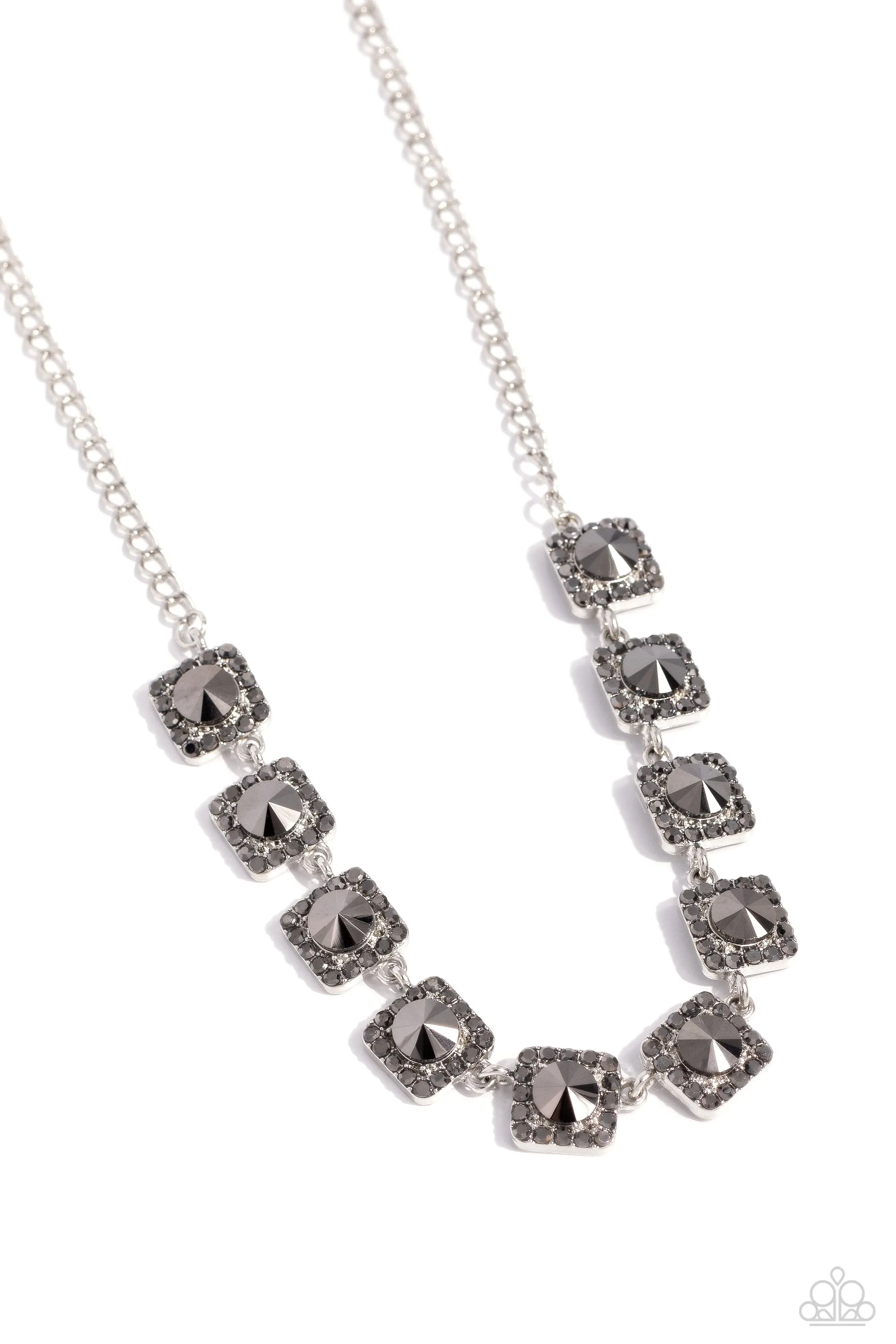 Jump SQUARE - Silver - Hematite Rhinestone Square Frame Paparazzi Short Necklace