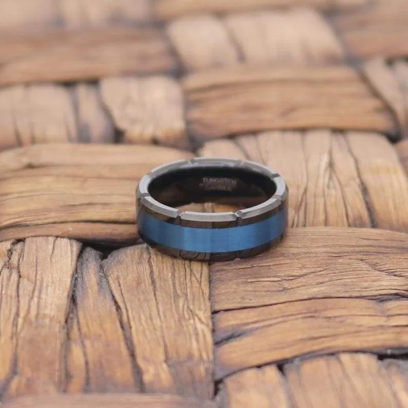 KHUNO Men's Black Tungsten Carbide Ring with Blue IP and Multiple Grooves - 8MM