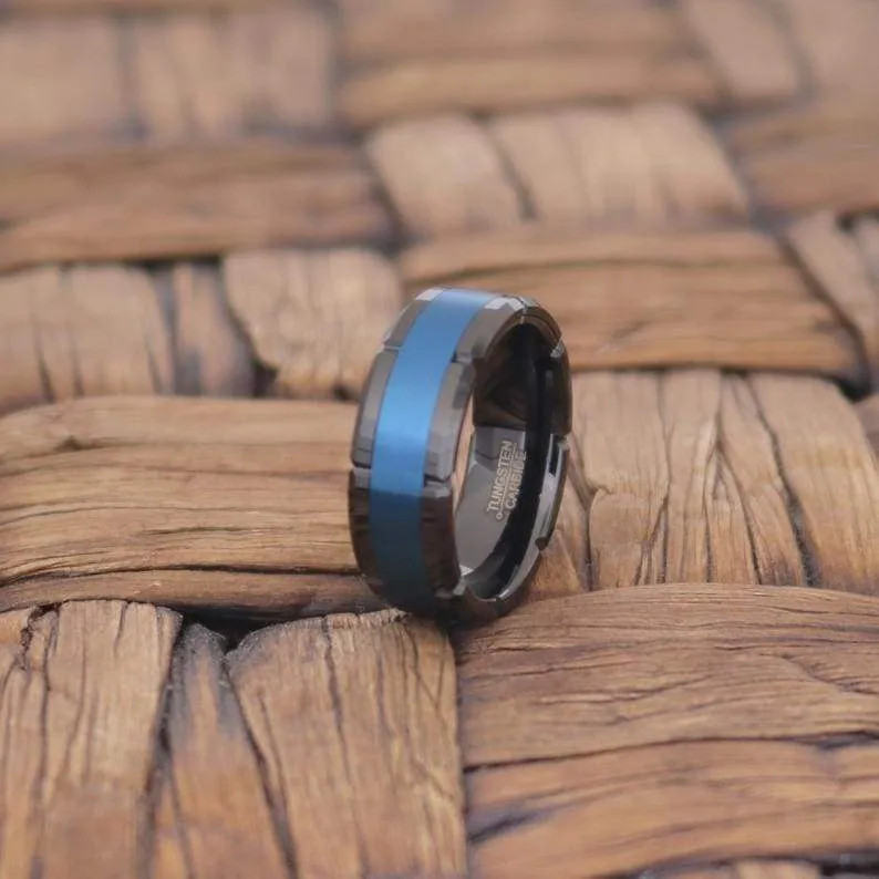 KHUNO Men's Black Tungsten Carbide Ring with Blue IP and Multiple Grooves - 8MM